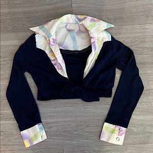 Vintage, Floral/Watercolor Navy Crop Top with Colorful Accents- Ties in Front